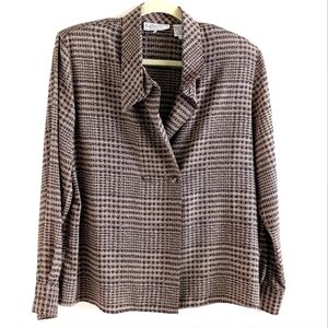VINTAGE Herringbone Tweed Brown Blouse 80s Academia 12